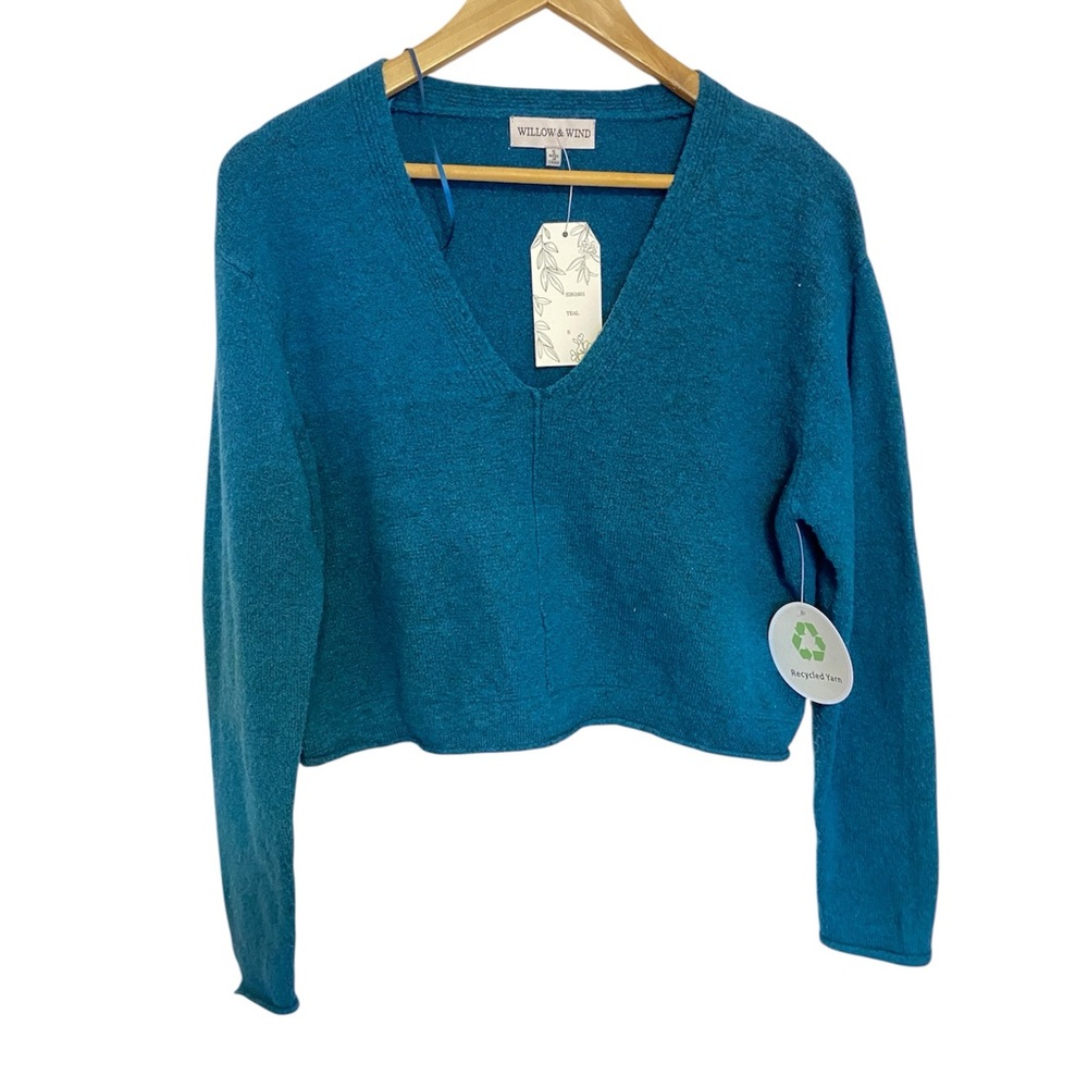 Willow & Wind Women's Teal V-Neck Cropped Sweater